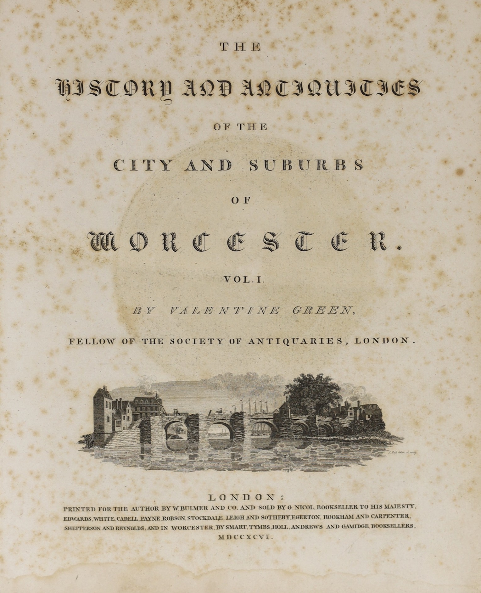 WORCS: Green, Valentine - The History and Antiquities of the City and Suburbs of Worcester. 2 vols. pictorial engraved titles, portrait, folded plan and 23 plates (2 d-page), subscribers list; old half calf and marbled b